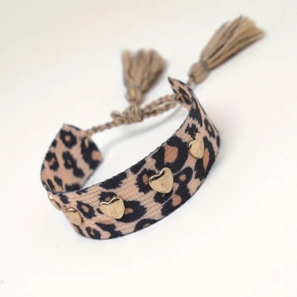 NEW| Bohemian Embroidered Heart Leopard Print Stackable Bracelet